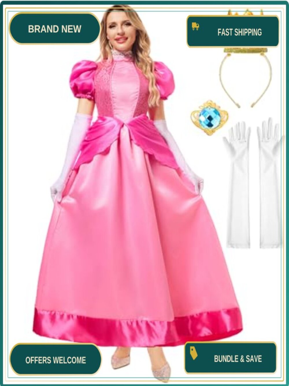 Princess Costume Dress Halloween Cosplay Set with Crown Gloves Brooch